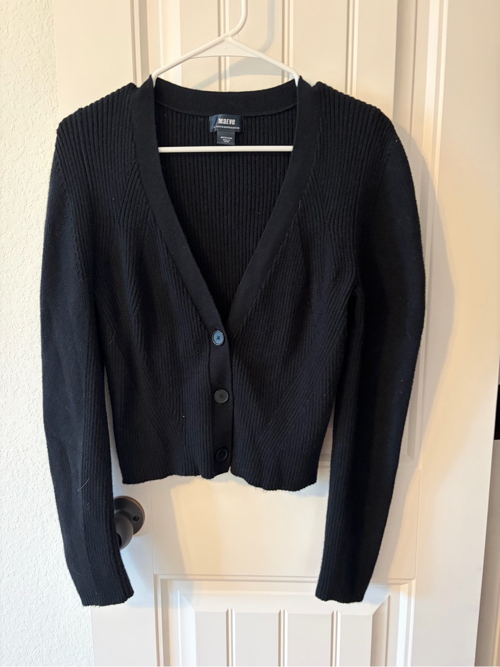 Anthropologie Black Ribbed V-Neck Button Cardigan